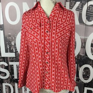 Notations petite red white chain button down top